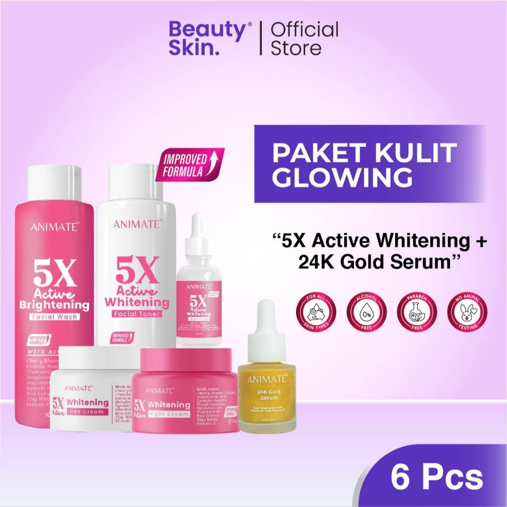 Paket Kulit Glowing (Animate 5x Active Whitening Series 5in1 + 24K Gold Serum)