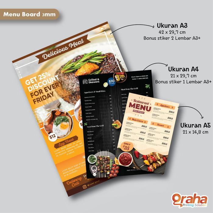 Cetak Daftar Menu Board / Papan Menu / Menu Resto - Ukuran A3, Laminasi Glossy