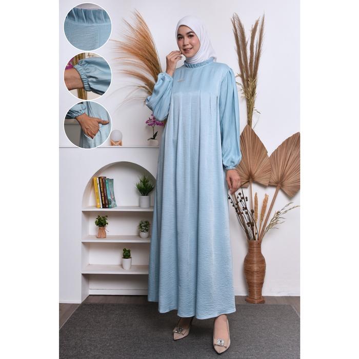 Gamis Pesta Cringkle Silk Sutra  - Dress Kondangan Terlaris - Standar Jumbo - Biru Frozen, Jumbo