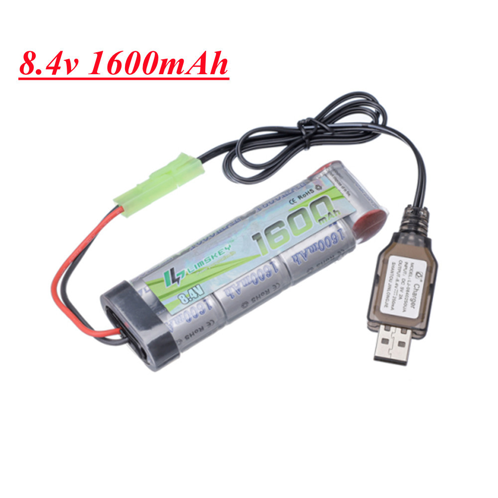 7S 2/3A 8.4V 1600mAh NiMH Flat Battery Pack and Charger for Airsoft Guns MP5, Scar, M249, M240B, M60