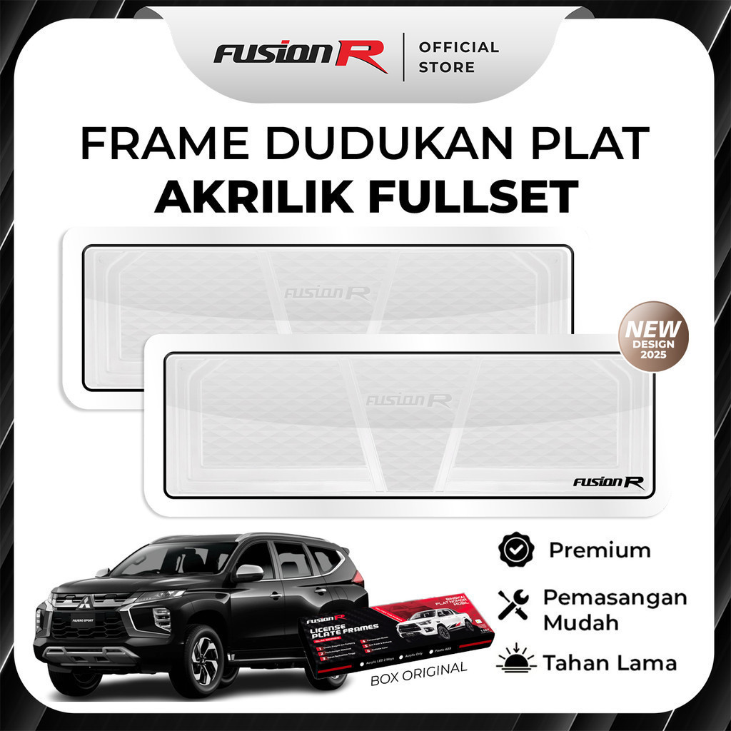 FUSION R Dudukan Tatakan Plat Nomor Mobil All New Pajero Sport Mika Akrilik Putih