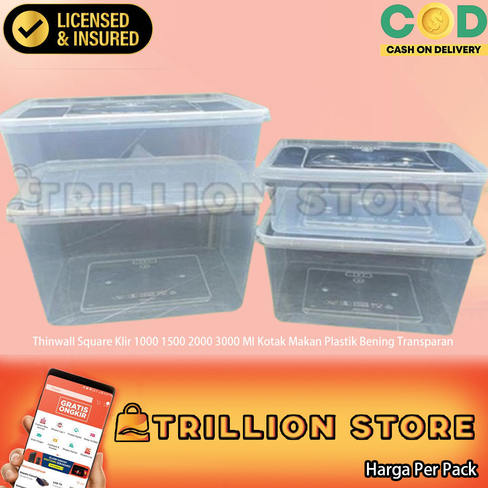 Wadah Plastik Klir Thinwall Square 1000 1500 2000 3000 Ml Kotak Bening Salad Buah Kue Tempat Bekal A