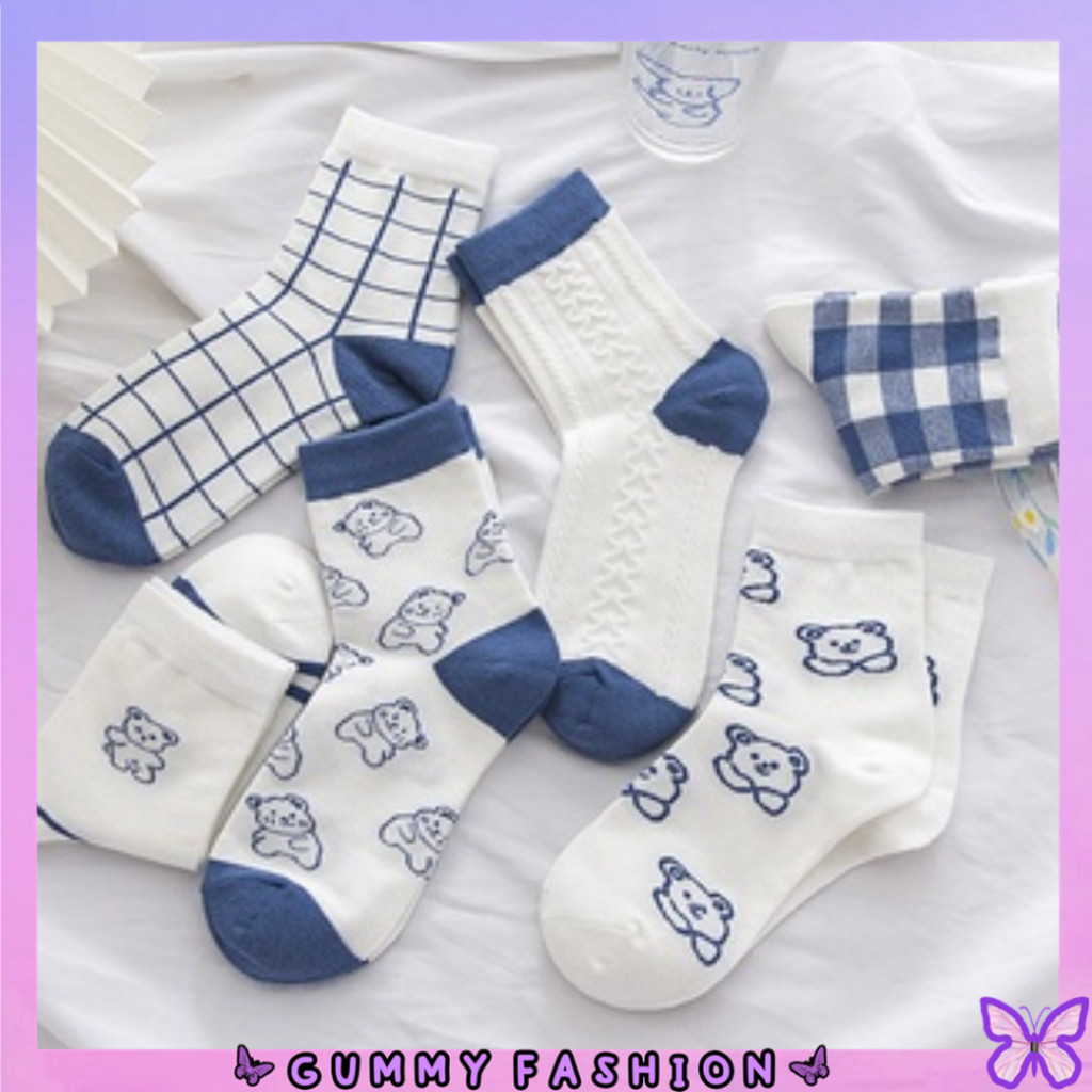 •KEDAI SALSA• KK809 Kaos Kaki Pendek Beruang Unisex Semata Kaki Ankle Motif Bear Kotak-Kotak