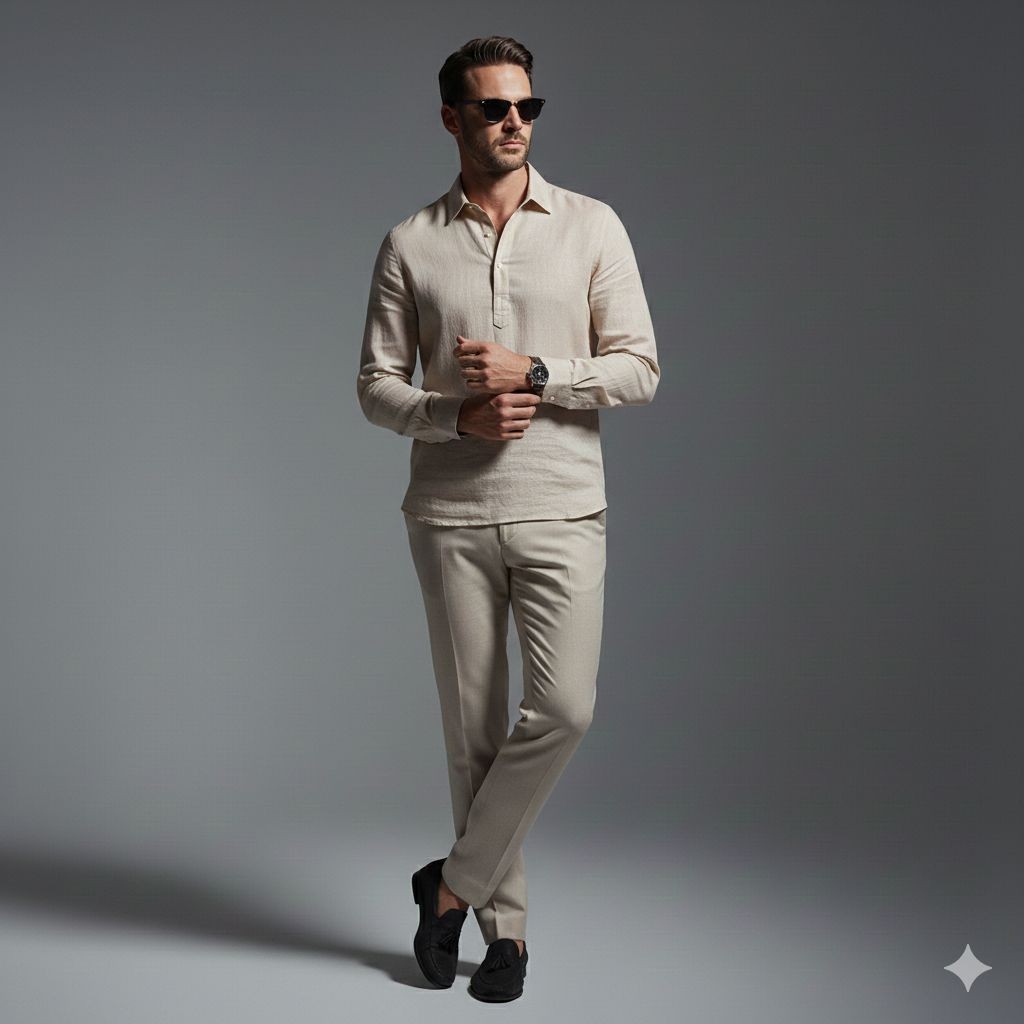 HENLEY Kemeja Linen Pria kerah Lengan Panjang Kasual Baju pantai pria premium setengah kancing Berke