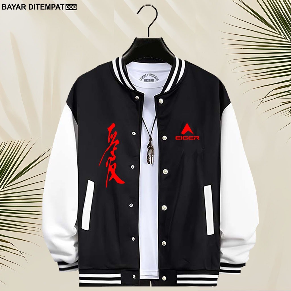COD - Jacket Unisex Baseball Kancing Jacket Varsity Mager Text Merah Jepang Bekan Jacket Pria Wanita