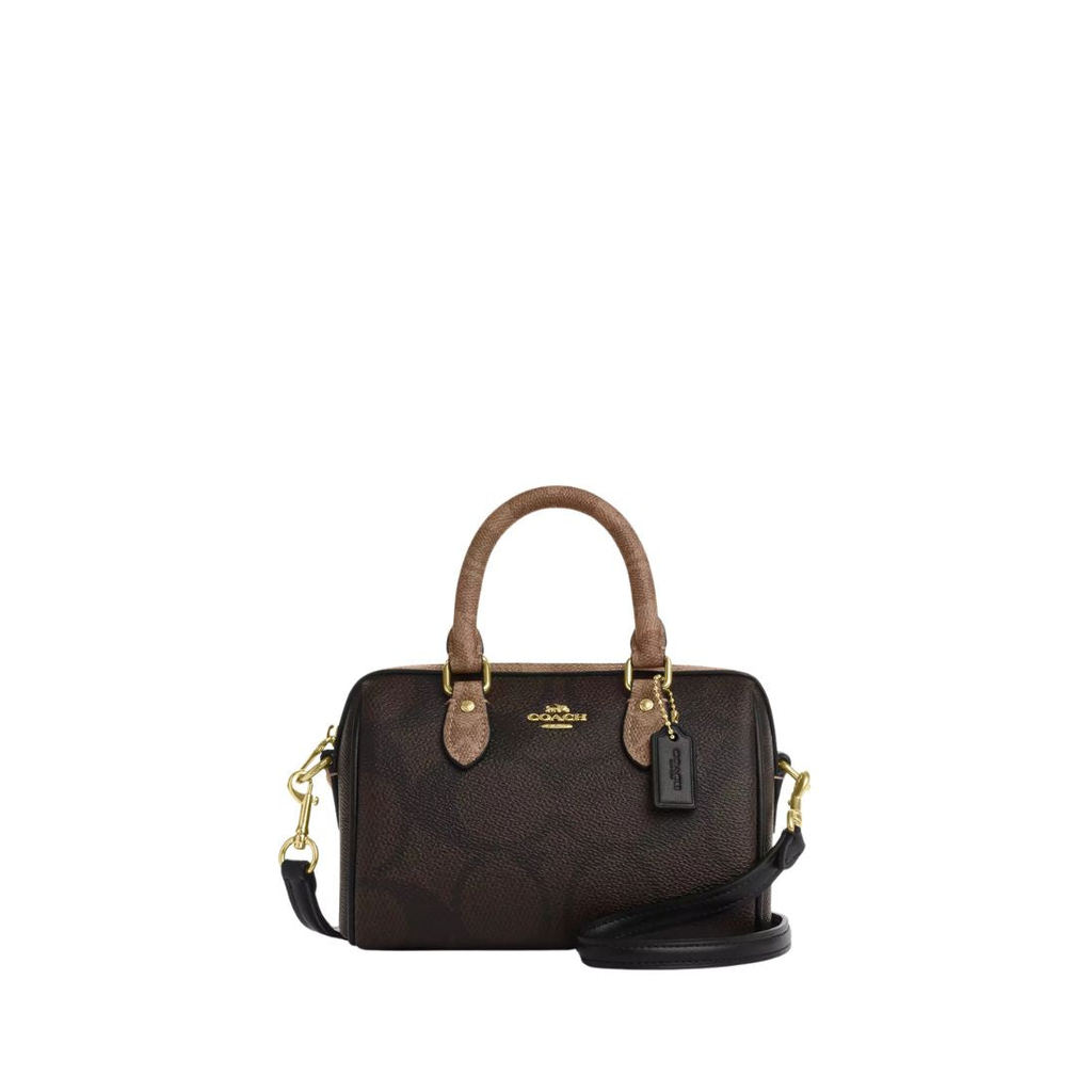 COACH Mini Rowan Crossbody Bag In Blocked Signature Canvas Gold Walnut Tan