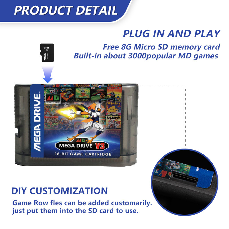 MegaDrive Genesis 3000 in 1 MD V3 Pro  Game Cartridge 8GB TF Gard for SEGA Genesis Mega Drive Consol