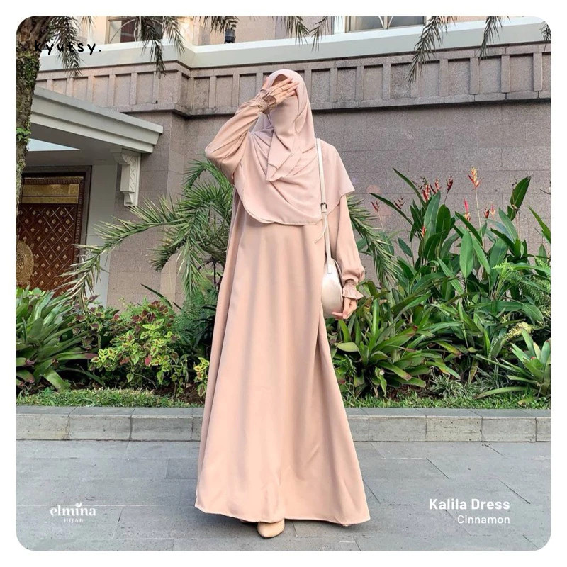 TERLARIS Elmina Kalila Dress Gamis Coklat Brown Cinnamon Terbaru 2026 Raya Collection Simple Minimal
