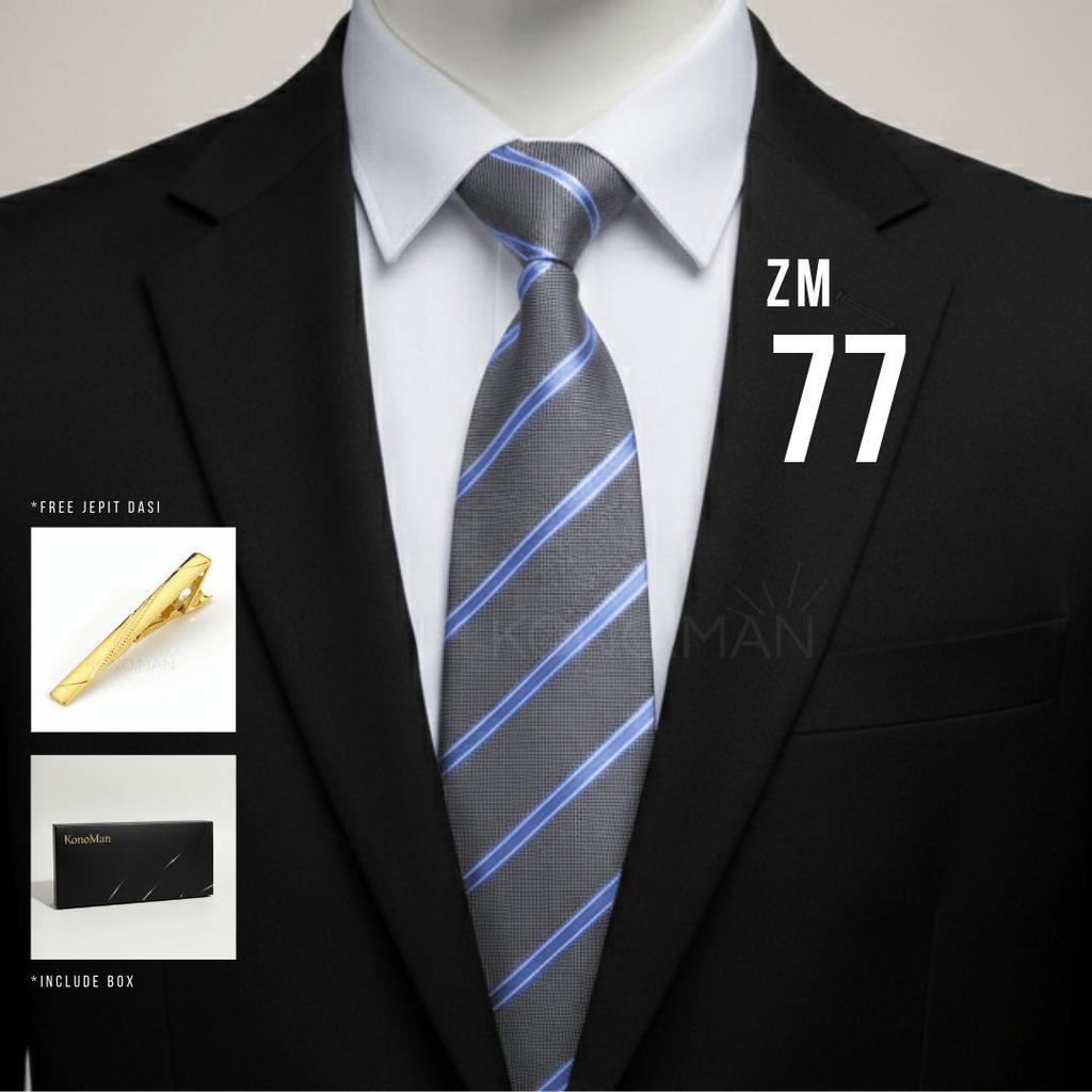 KM - Dasi Pria Formal Instan Zipper Premium Warna Abu Garis Biru Plus Jepit Dasi