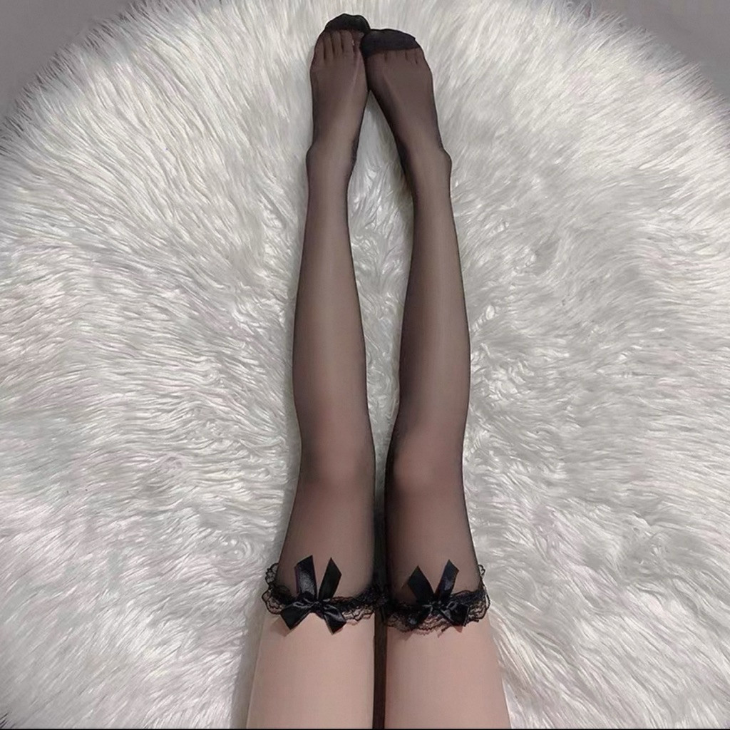 STO-019 Stocking Tipis Renda Wanita Stocking Polos Di Atas Lutut