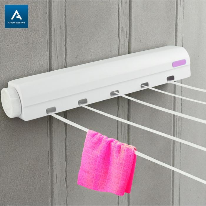 jemuran baju dinding tempel lipat gantungan baju praktis tali gulung