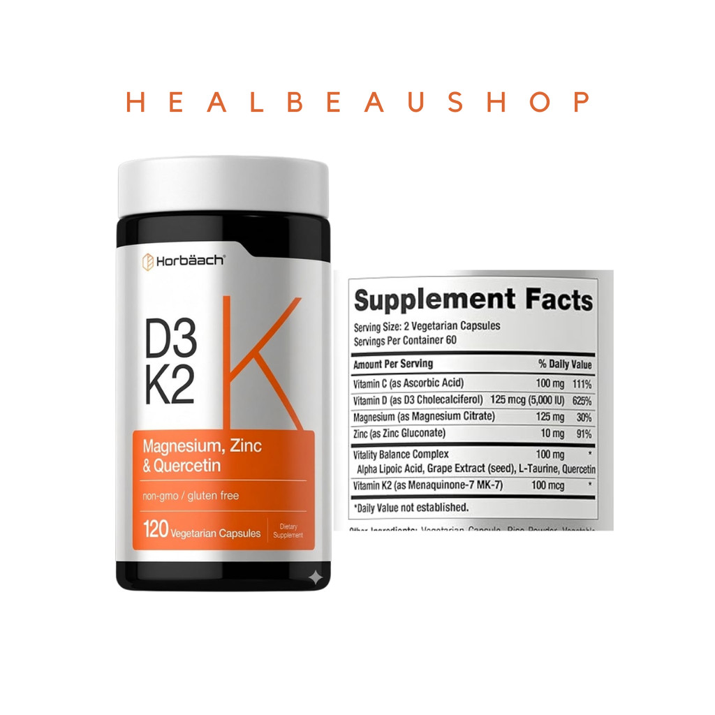 Horbaach D3 5000iu K2 100mcg with Magnesium Zinc Quercetin120 caps Halal
