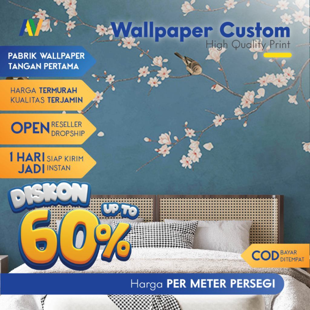 Wallpaper Dinding Custom Motif Chinoiserie | Gambar Bunga dan Burung Elegan | Wallpaper Ruang Tamu M