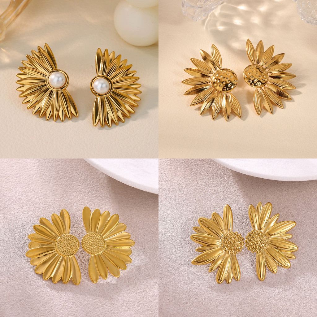 Selebriti internet stainless steel berlapis 18k anting bunga matahari emas anting bunga retro pribad