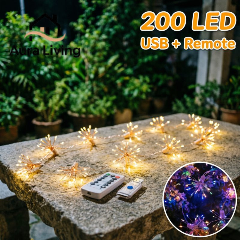 Lampu Kembang Api Kawat Tembaga Lampu String Remote 8 Mode Ditekuk Dekorasi Natal Taman Dalam Luar