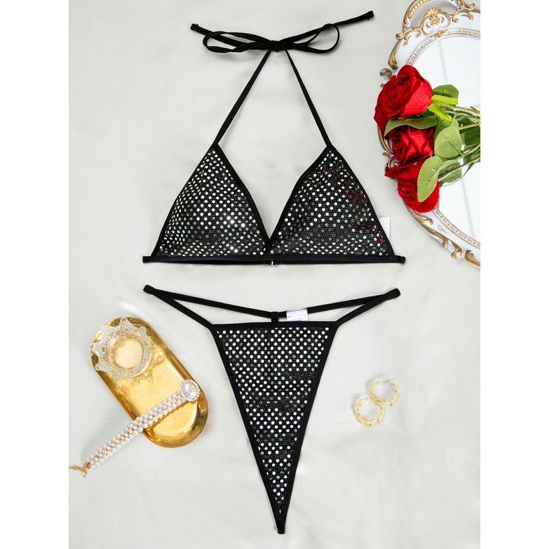 LadyAllure COD Set Lingerie Seksi Bikini G String Wanita Tanpa Kawat Busa Tali Leher Motif Polkadot 