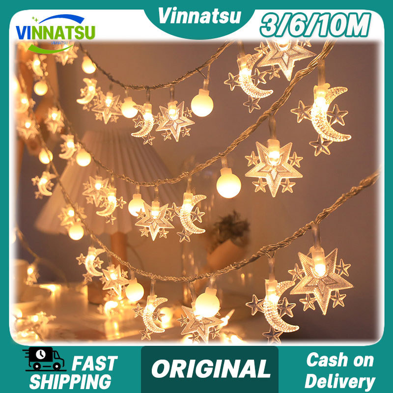 Vinnatsu 3/6/10M Lampu String LED Lampu Tirai Bulan Bintang Lampu Bintang LED Ramadan Lampu LED Rant