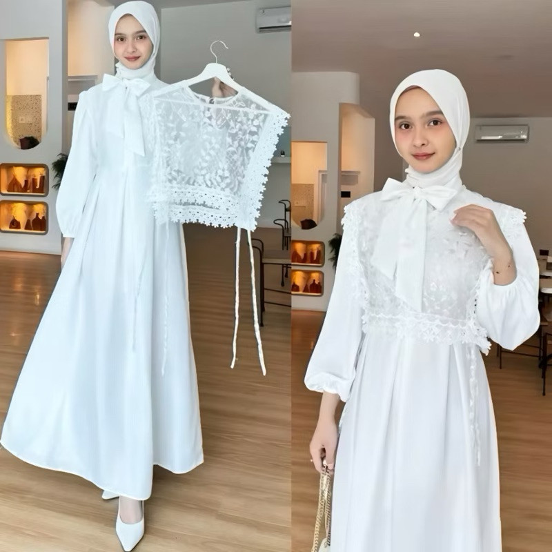 Gamis Putih Dengan Renda Dan Bordir Model Syakila Terbaru Pesta Muslimah Kondangan