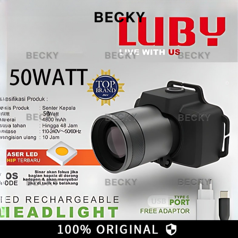 BECKY Senter Kepala Zoom Laser LUBY Jarak Jauh LED 3 Mode Cahaya