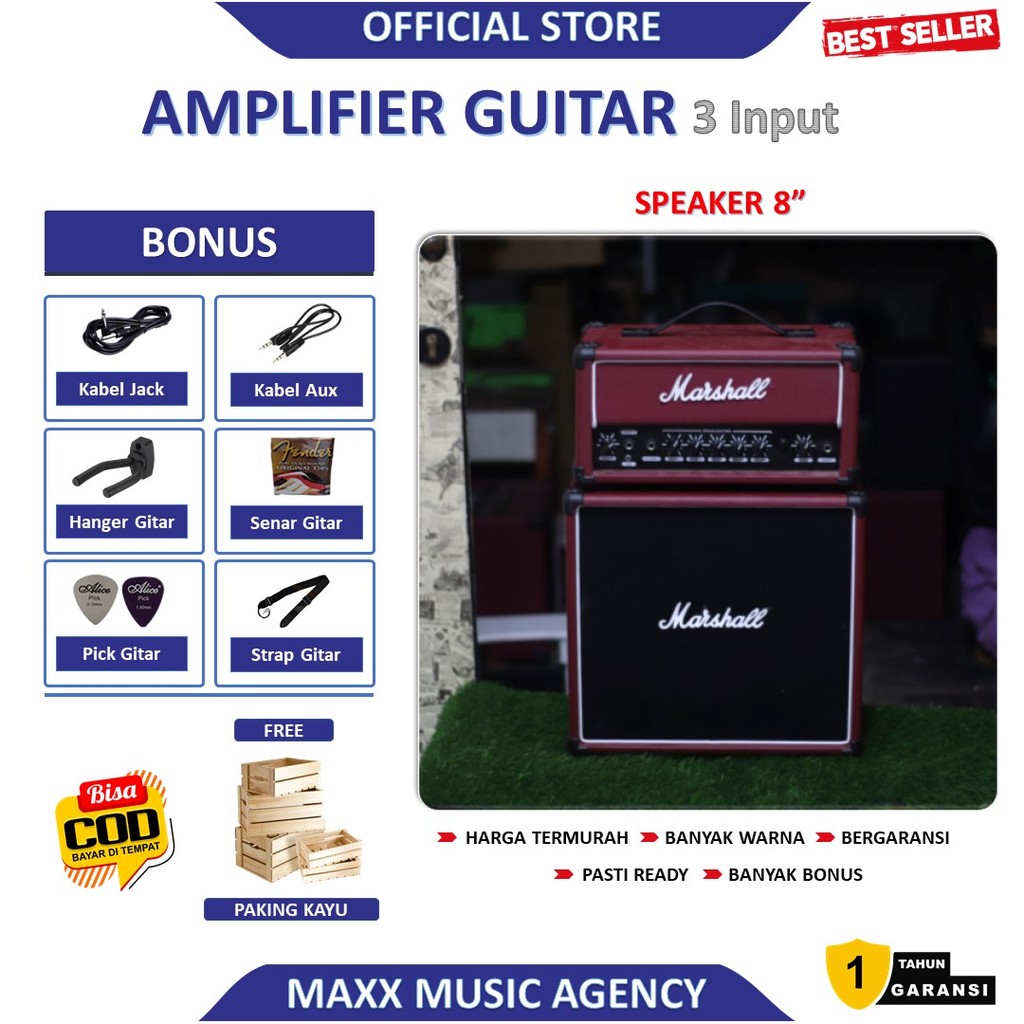 ampli gitar 8 inch head cabinet 3 input ada efek distorsi dan efek delay & input mic & aux