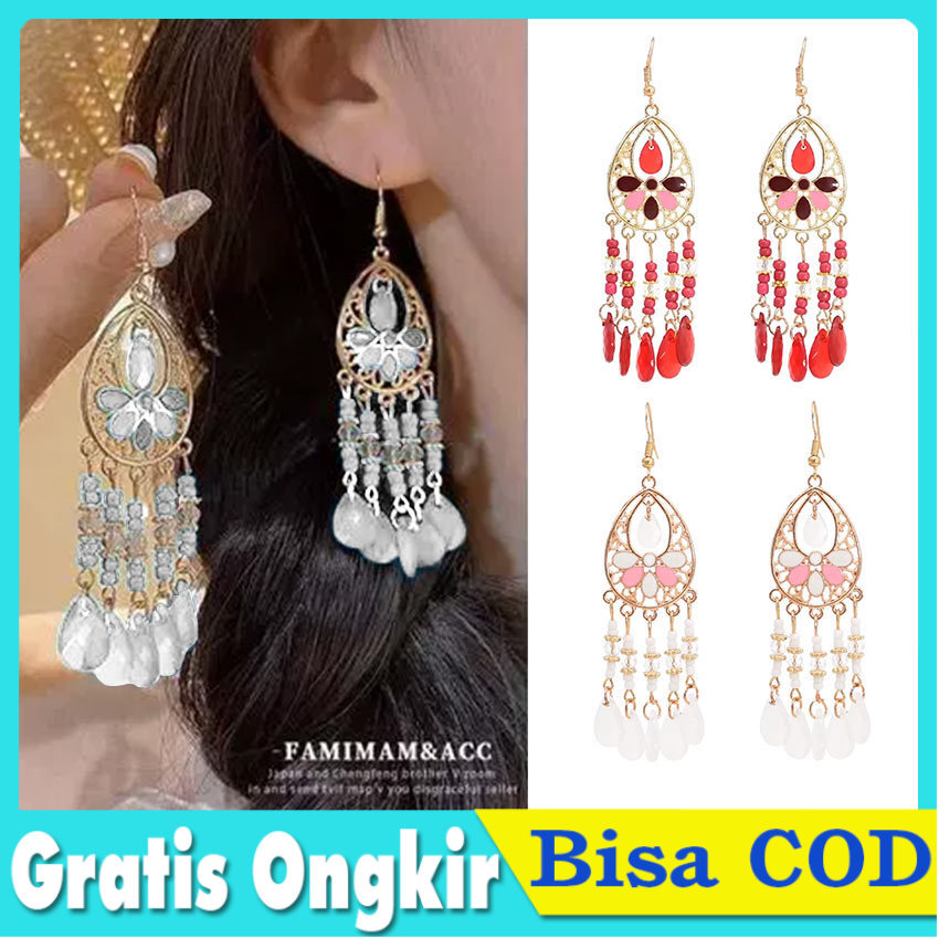 Anting Etnik Bali Bohemian Tassel Jhumka India Earrings Retro Juntai Rumbai Panjang Anting Hijabers 