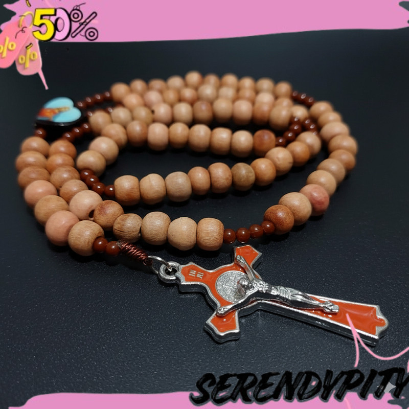 NEW ARRIVALS Kalung Rosario 77 Bapa Kami Kayu Cendana 8 mm Souvenir Rohani Katolik Pria Wanita Tali 