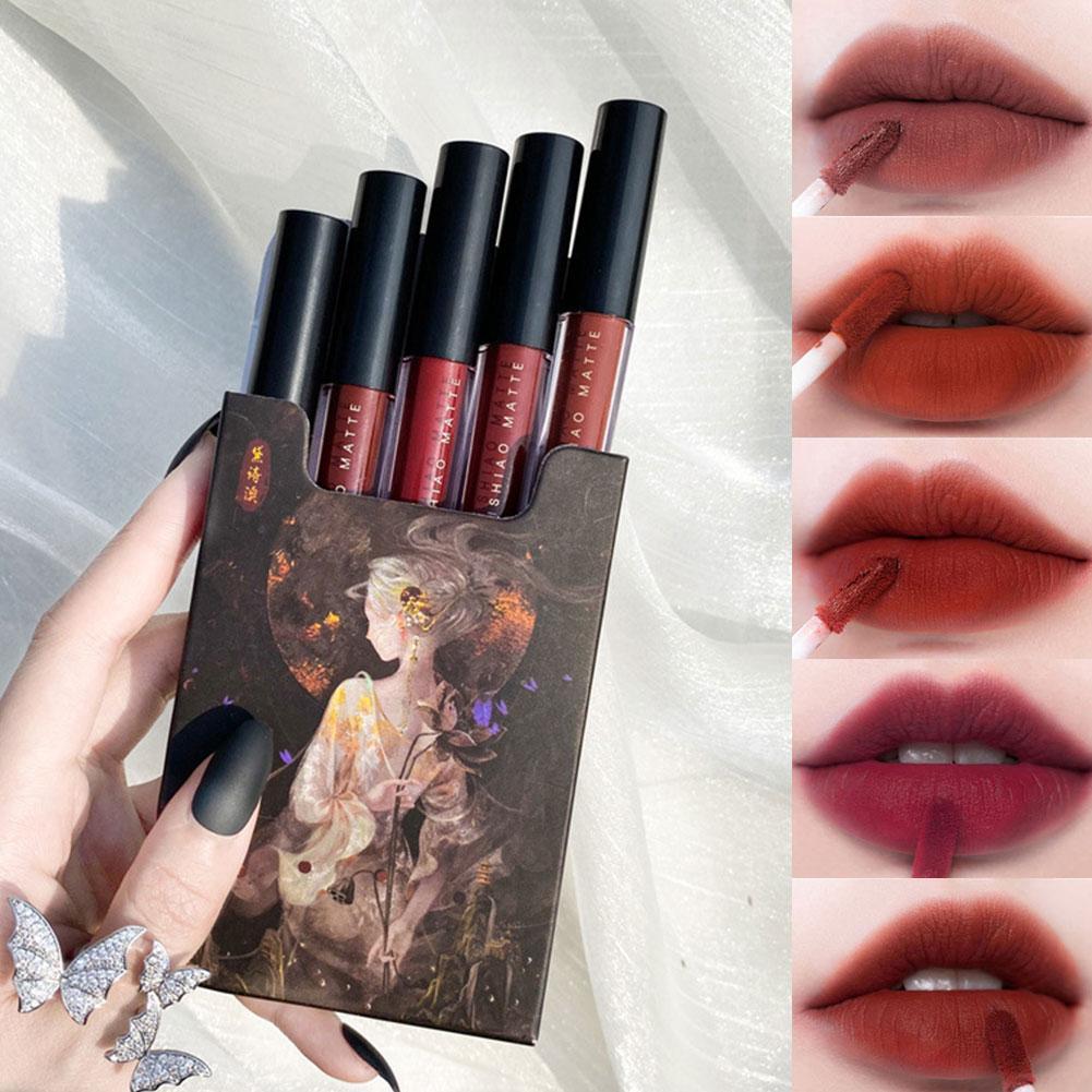 5pcs Lipstik Lip Glaze Tahan Lama Dan Waterproof Set Glasir Bibir Gaya Cina WarnaGaya Pelajar Cangki