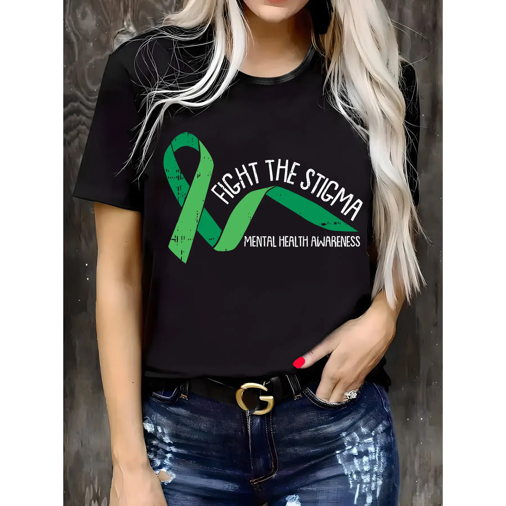 Kaos Grafis Wanita "Fight the Stigma"-Kaos Santai Hitam dengan Desain Pita Hijau, Kaos Santai Keseha