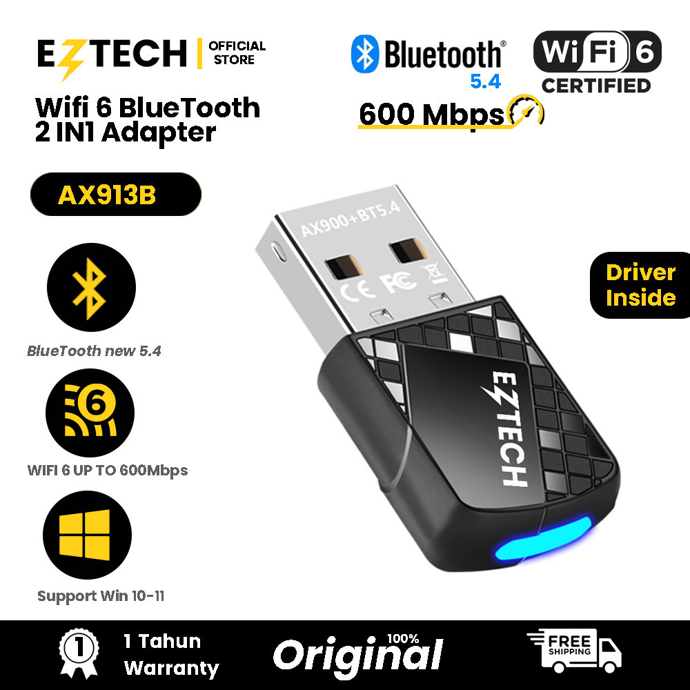 (wow03) EZTECH AX913B Terbaru Nano Wi-Fi 6 600 Mbps 2.4/5GHz Dual Band + Bluetooth 5.4 2in1 USB Wifi
