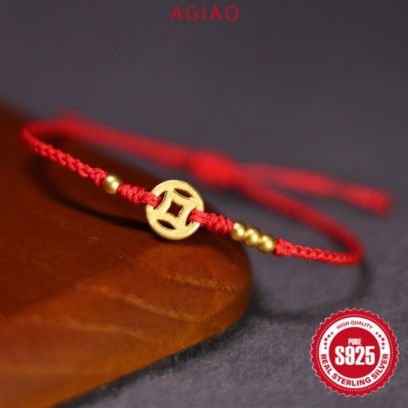 AGIAO Gelang Kepang Tali Merah Desain Koin Tembaga Kecil Emas