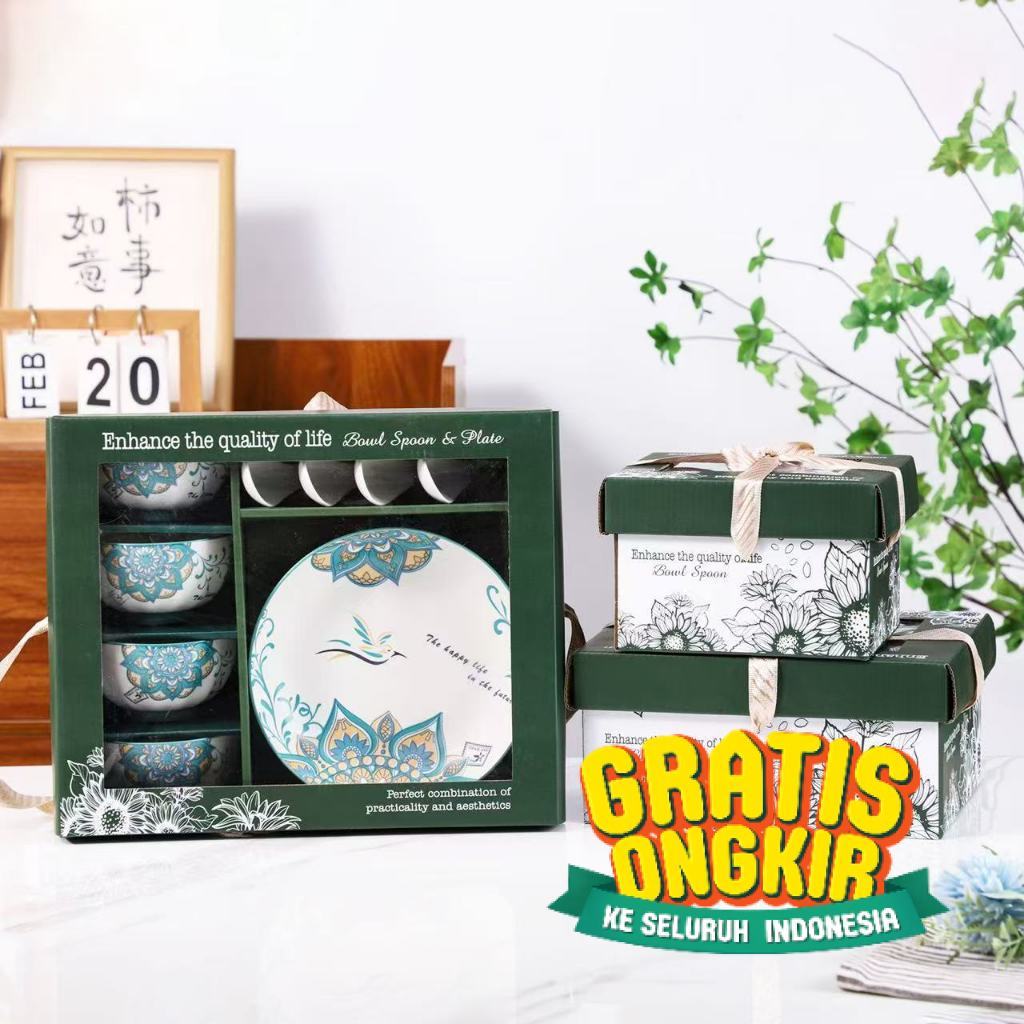 CLOTEE Hampers Mangkok Motif Souvenir Mangkok Set Kado Mangkok - Piring - Sendok Sup / Mangkok Keram