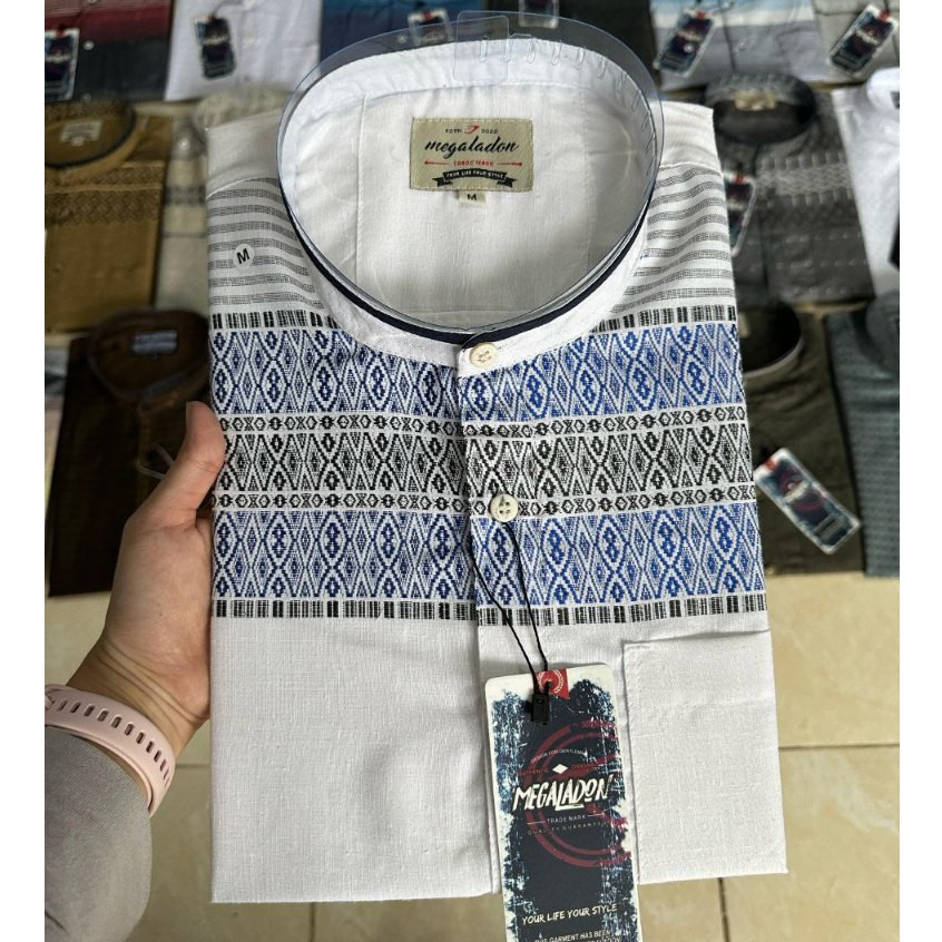 COD - Baju koko Kemeja Sanghai Katun Songket Putih Polos Pria Dewasa Lengan Pendek  - Baju koko puti