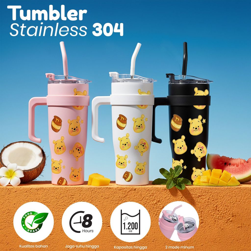 Tumbler Stainless Steel 304 Kapasitas 1200ml Design Winnie The Pooh Motif Madu dan Kelapa Mangga Seg