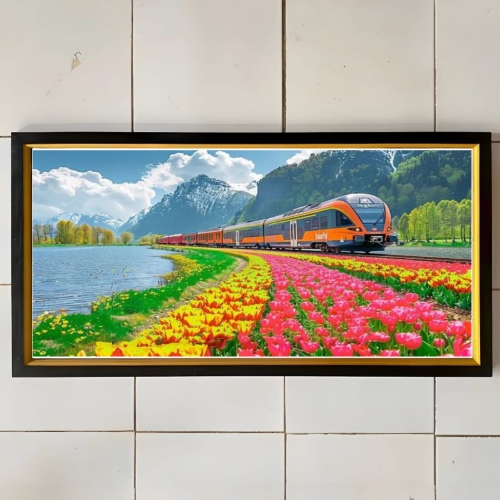 Hiasan dinding lukisan Cetak gambar taman bunga terindah plus bingkai ukuran 95cmx50cm