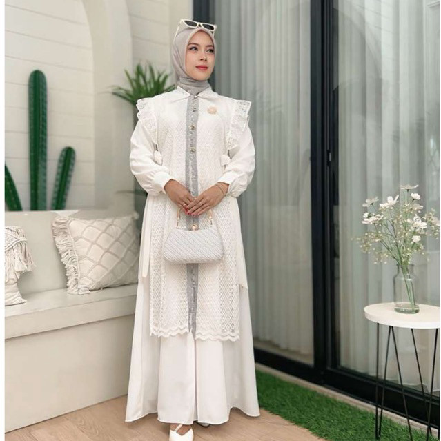 FRANCISS.ID Kinan Set Dress,Gamis Wanita Outer brokat,Dress Pesta Kondangan Muslimah Model Rompi Bro