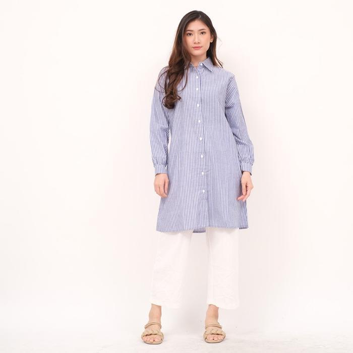 NHM Baju Tunik Kemeja Wanita Salur Atasan Muslim katun Ld 100-110 Kancing Kerah Panjang Remaja Dewas