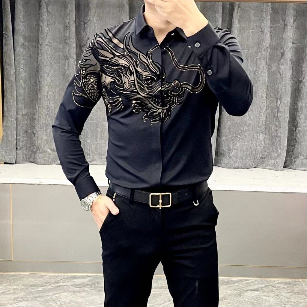 Kemeja Pria Lengan Panjang Motif Naga Keren Baju Atasan Cowok Trendy Distro Terbaru