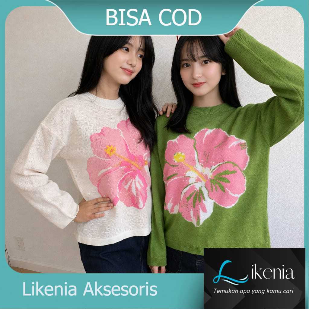 Baju Luaran Rajut Wanita Motif Bunga Ganeva Floral Sweater Knit - All Size Fit to XL Cardigan Korea