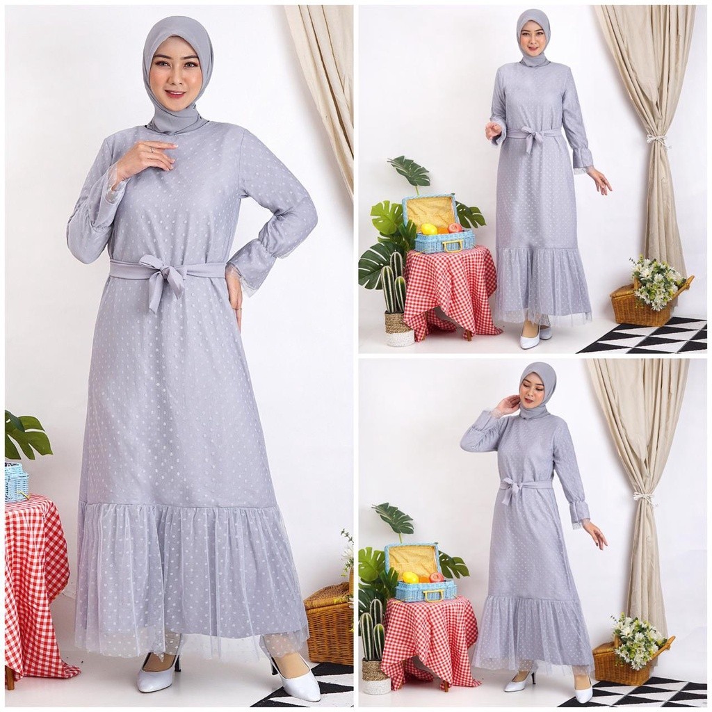 Gamis Helwa Tile Polkadot Maxi Dres Lebaran Long Dress Busana Muslim - Supiler