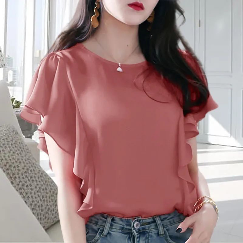 Blus sifon wanita berkualitas tinggi Atasan longgar berumbai ukuran besar yang memberikan efek