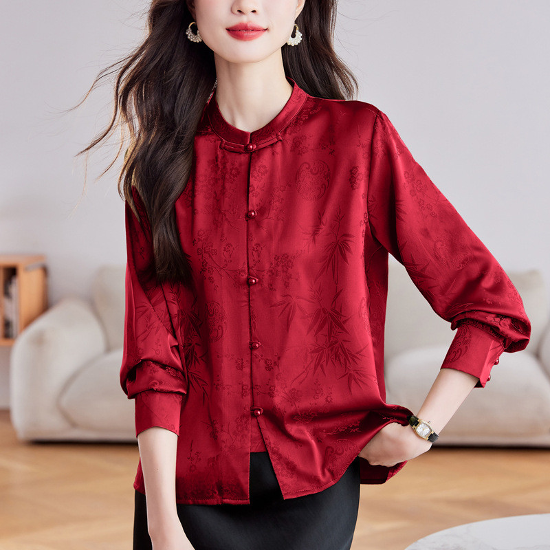Kemeja satin jacquard wanita berkualitas tinggi Kemeja berkancing dengan kerah tegak