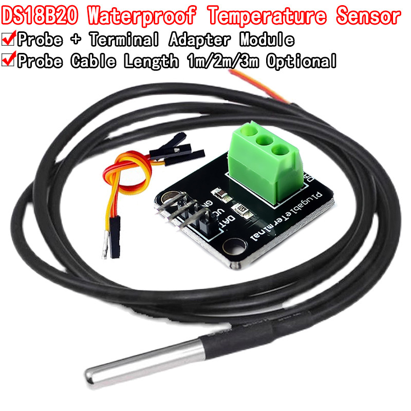 Kit Modul Sensor Suhu DS18B20 Tahan Air Kabel Sensor Digital 100CM Adaptor Terminal Probe Stainless 