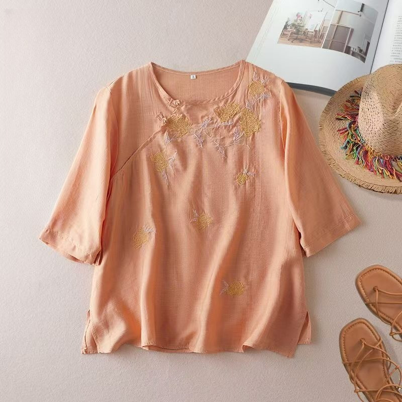 Baju Katun dan Linen Ibu Bordir Wanita Atasan Longgar