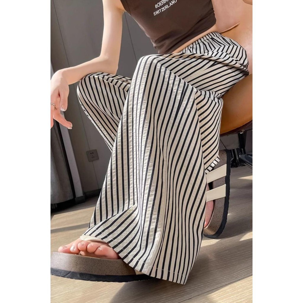 [Celana Oversize] (BB 40-150kg) Celana Palazzo Ice Silk Wanita Garis Hitam Putih, Musim Panas Pingga