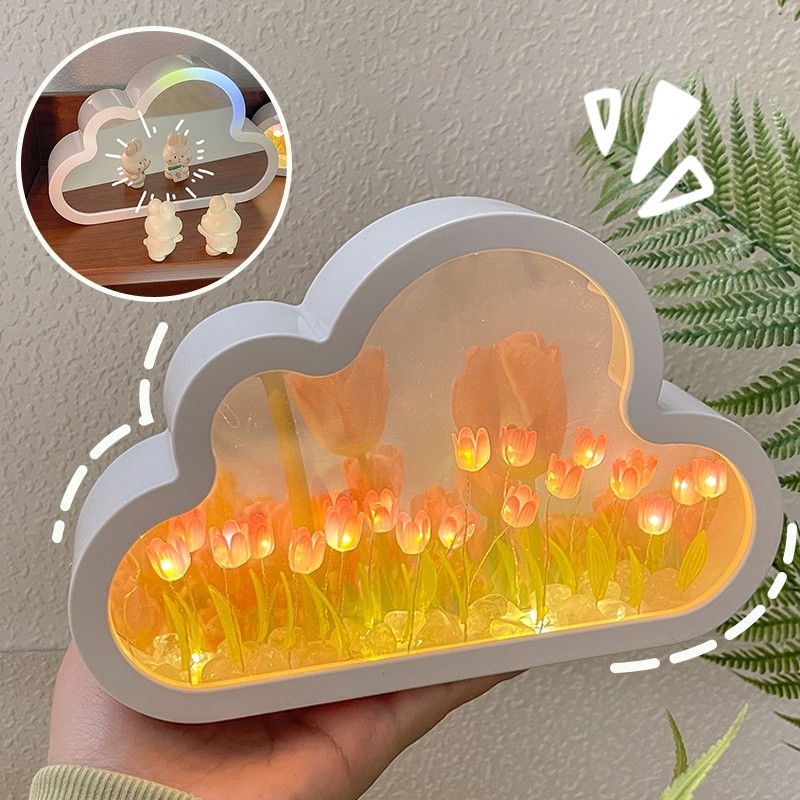 Y Cloud Tulip LED Night Light Creative Sea of Flowers Night Lamp Mirror Table Lamps Atmosphere Light
