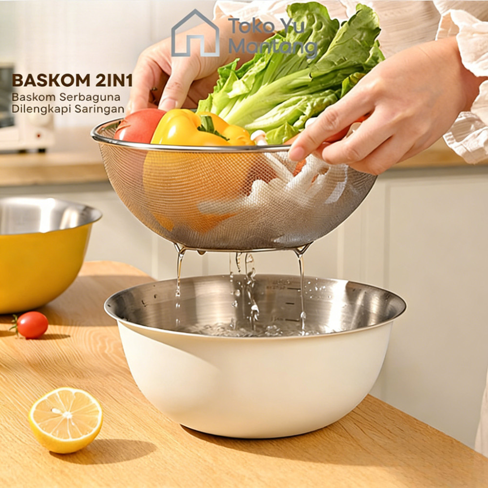 Toko Yu Mantang Set Baskom dan Saringan Stainless Steel 316 25CM Anti Karat Tahan Panas Aman untuk M