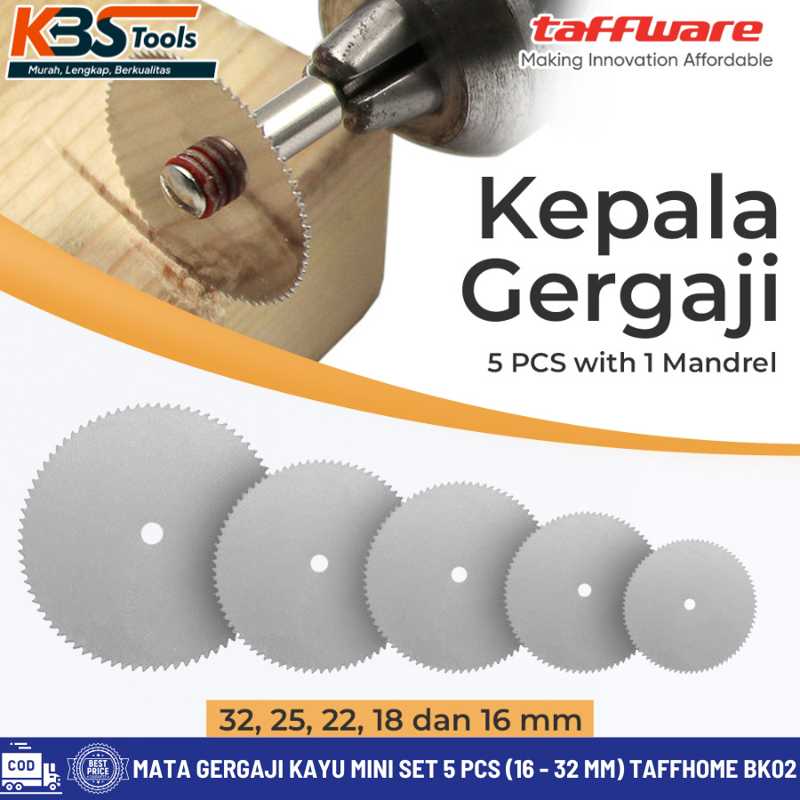 TAFFWARE Mata Gergaji Kayu Mini Set 5 Pcs 1 Mandrel 16MM - 32MM BK02 Untuk Bor Mini Grinder - Mata B