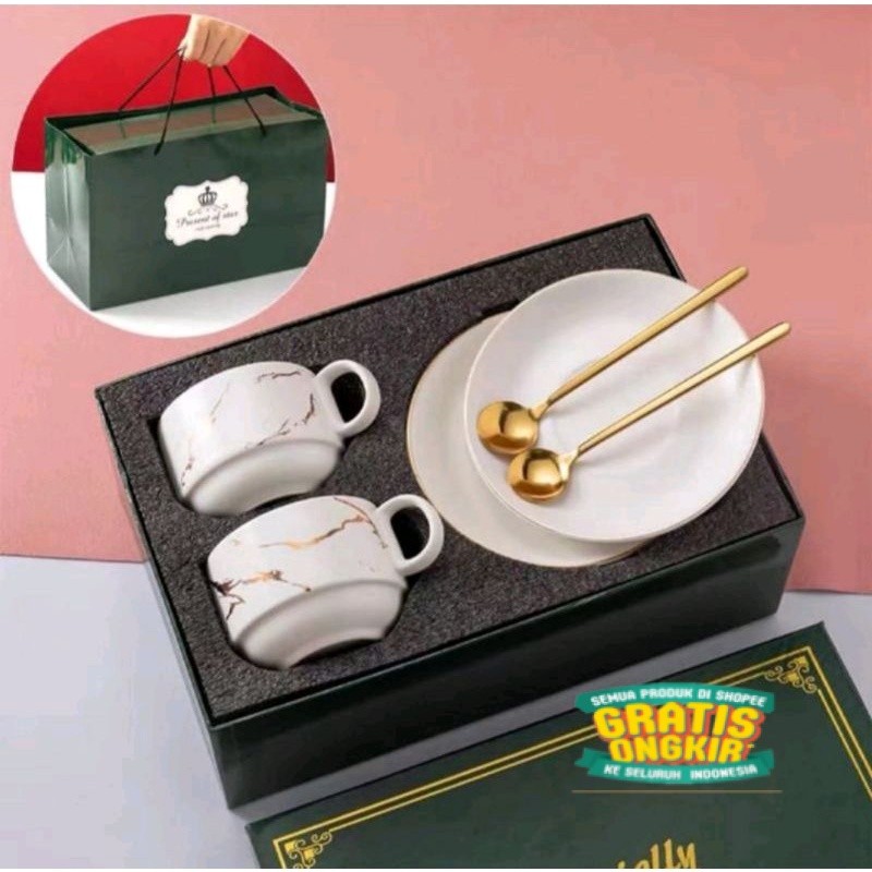 Ideame Hampers Gelas Marble Glass Couple / Canada Marble Mug Gift Box / Gelas Mug Marble Tutup / Ham