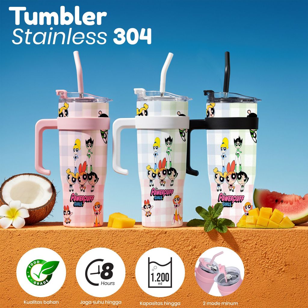 Tumbler Stainless 304 Kapasitas 1200 ML Powerpuff Girls Design Pastel Gingham Juga 48 HOURS Temperat