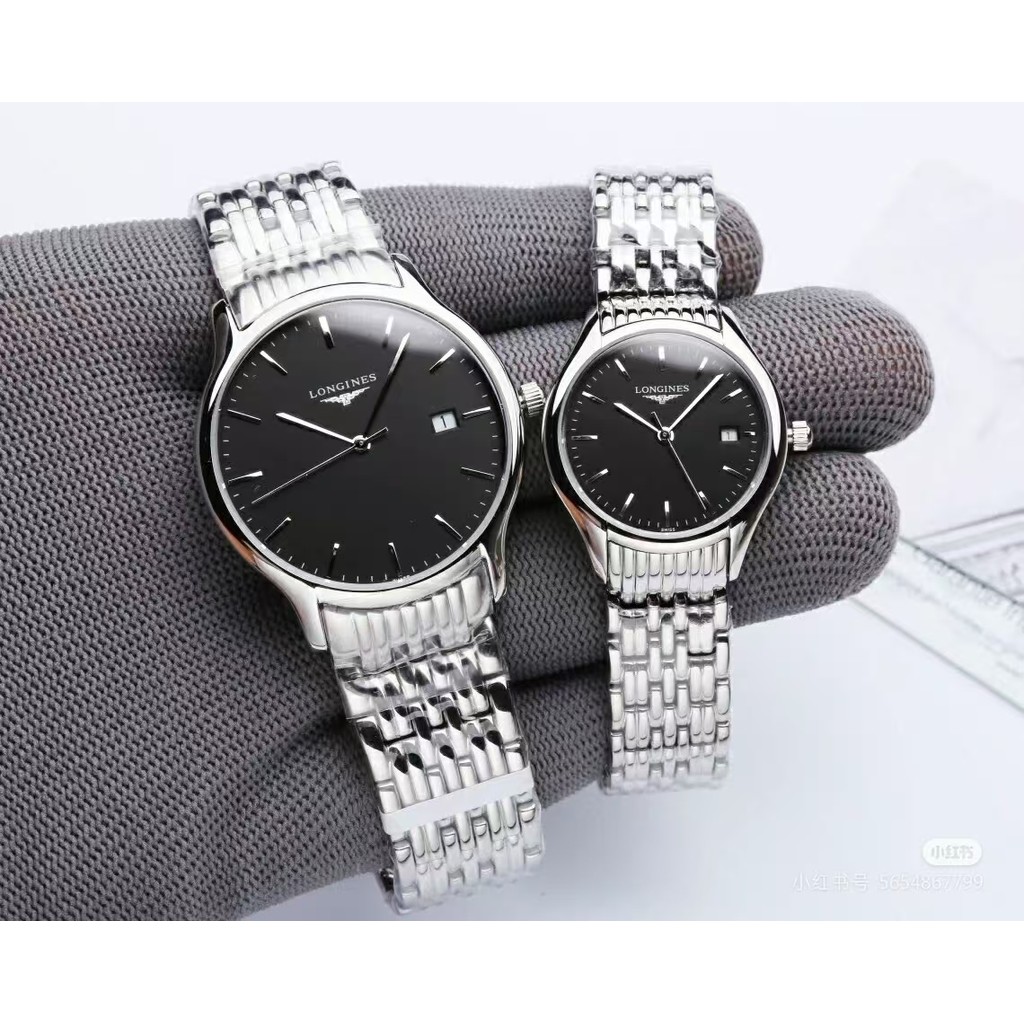 Longines Jam tangan pria L4.809.4.57.6 hitam jam kuarsa Tampilan besar Garansi Hadiah